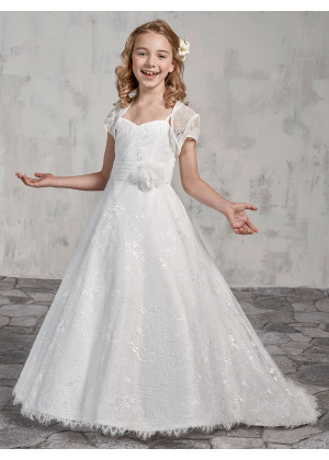 Sweetheart Neck Ivory Eyelash Lace Flower Girl Dress With Bolero